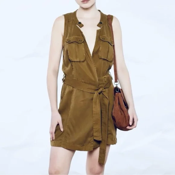 Free People Sleeveless Desert Delight Olive Utility Cargo Wrap V Neck Mini Dress - Picture 2 of 9